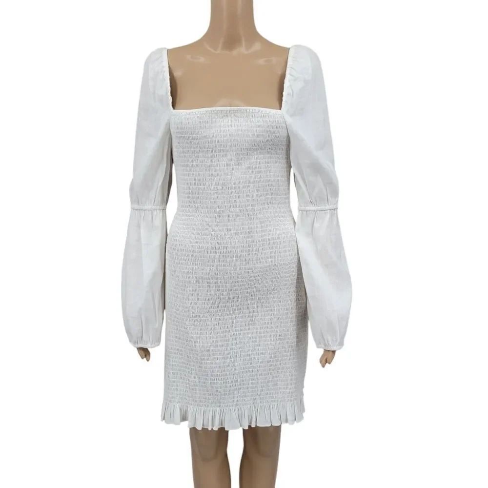 Gianni Bini Tally Smocked Linen Blend White Puff Long Sleeve Dress Sorority Rush